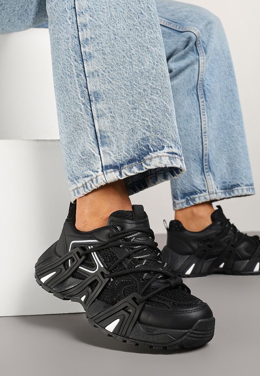 Czarne Sneakersy na Platformie z Cyrkoniami i Geometrycznym Wzorem Lavivione