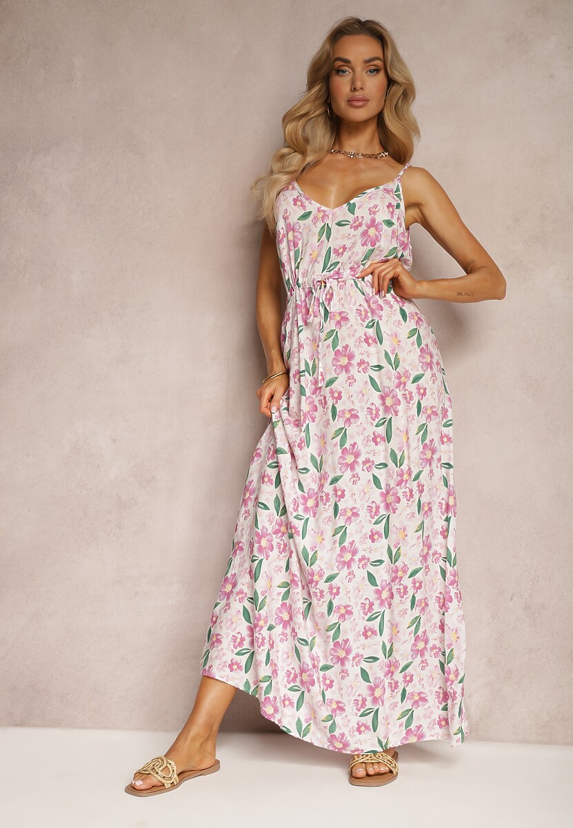 Różowa Wiskozowa Sukienka ze Ściągaczem na Regulowanych Ramiączkach w Kwiaty Abcolia