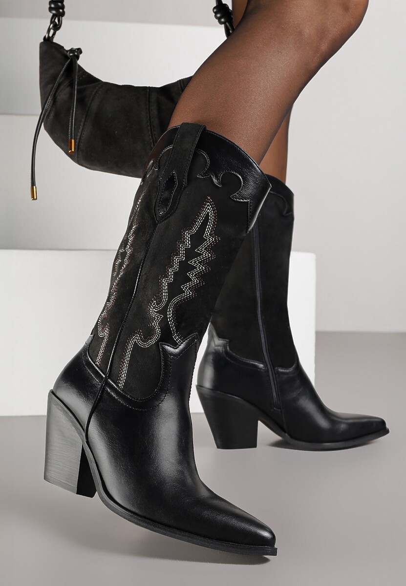 Czarne Botki Typu Kowbojki na Stożku z Haftowaną Cholewką Nalaveia