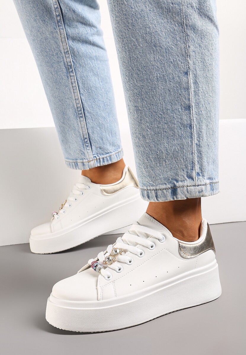 Biało-Złote Sneakersy z Cyrkoniami na Sznurówkach z Platformą Nomiji