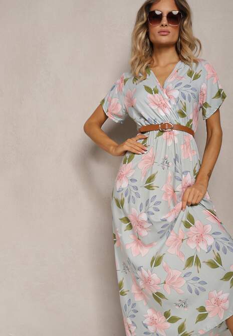 Jasnozielona Taliowana Sukienka w Kwiaty z Dodatkiem Bawełny z Kopertowym Dekoltem Navianes