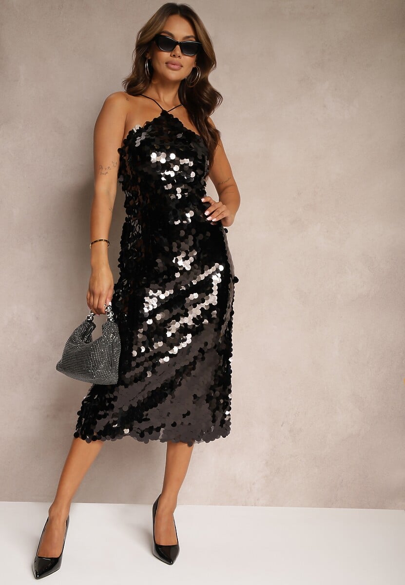 Bordowa Cekinowa Sukienka o Asymetrycznym Fasonie z Ozdobnym Wiązaniem na Plecach Leriseli