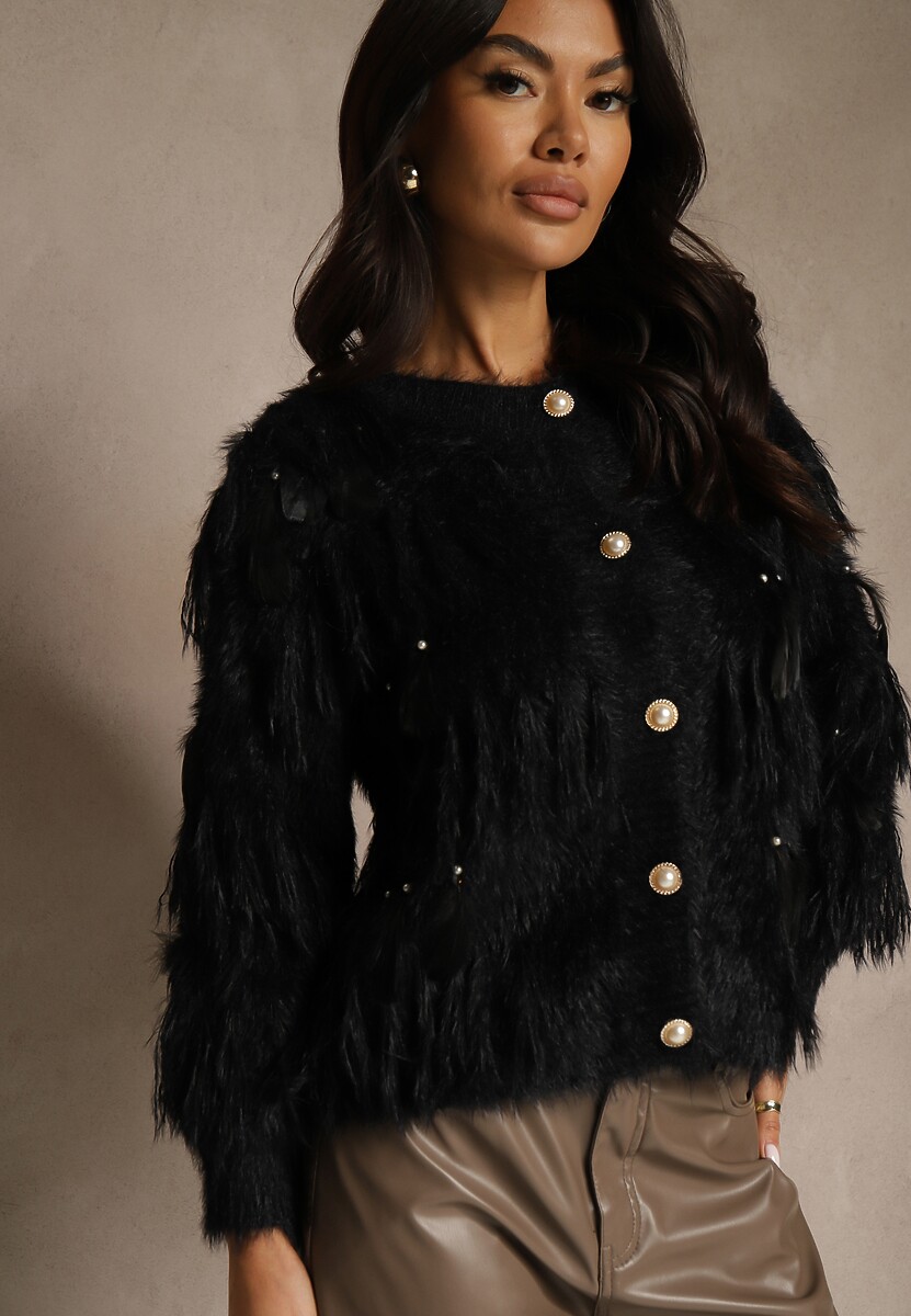 Beżowy Kardigan z Dzianiny z Wełną Imitującą Pióra z Perłowymi Guzikami Meviatta