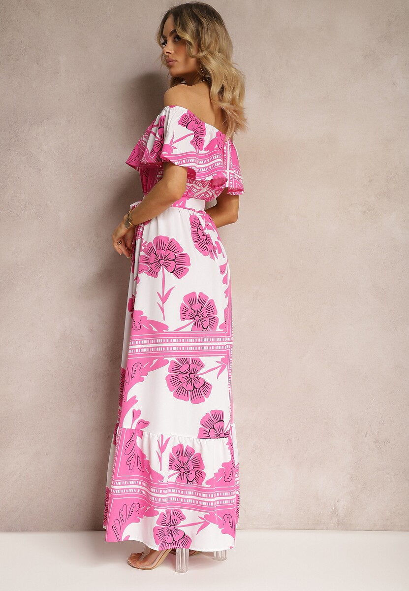 Różowo-Biała Hiszpanka Sukienka z Gumką w Talii i Materiałowym Paskiem z Falbankami Xoneri