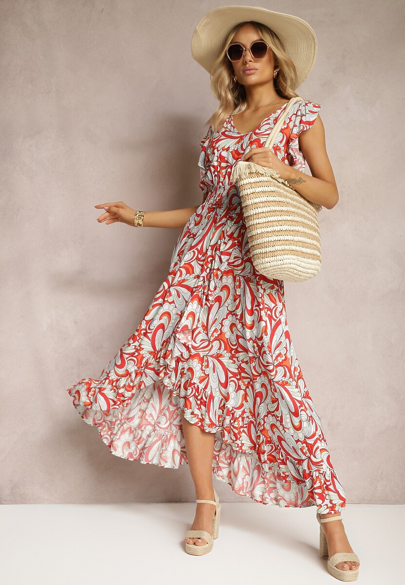 Brązowa Sukienka Boho z Gumką w Pasie i Asymetrycznym Dołem z Wiskozy Anorissa