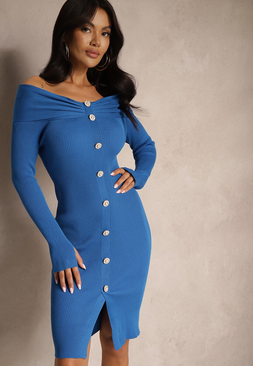 Niebieska Koktajlowa Sukienka Sweterkowa z Wiskozą Ozdobiona Rozcięciem na Kciuk i Guzikami Yasedi