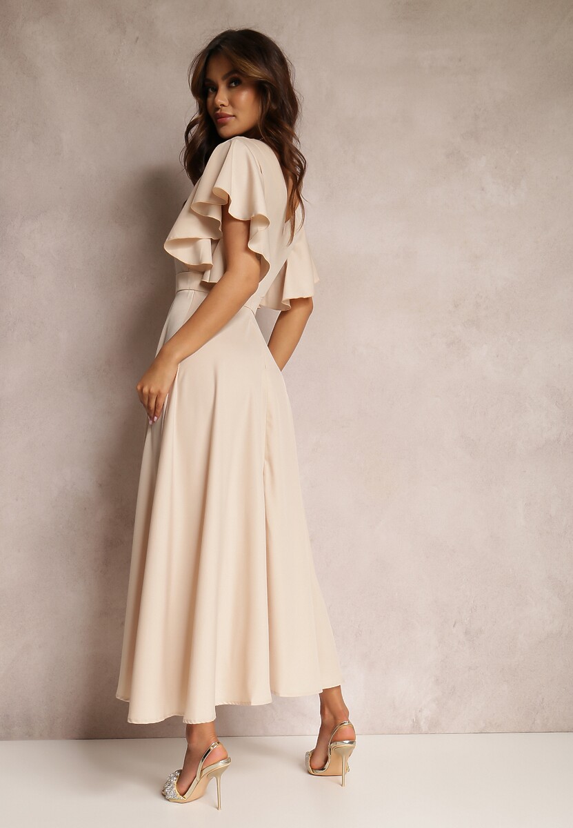 Beżowa Sukienka o Rozkloszowanym Kroju z Falbanami Bouchard