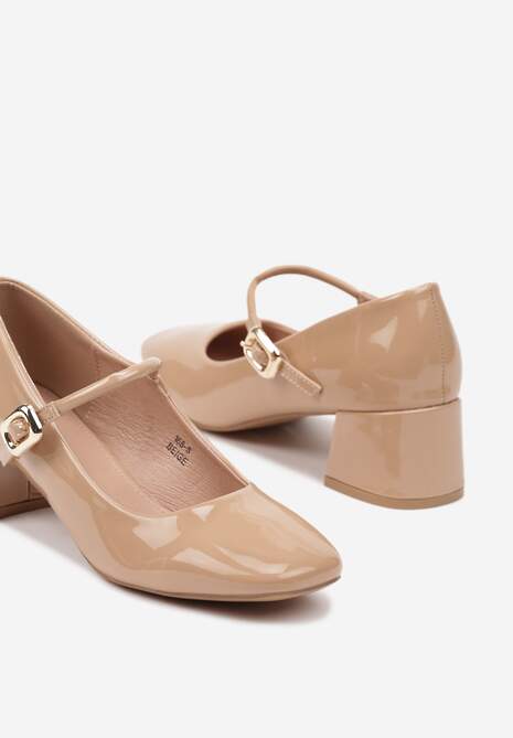 Beżowe Czółenka z Lakierowanym Połyskiem na Niskim Obcasie z Paskiem z Klamerką Serittia