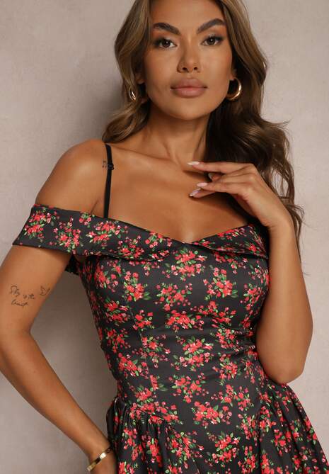 Czarno-Czerwona Sukienka z Regulowanymi Ramiączkami i Dekoltem Typu Hiszpanka w Kwiatowy Wzór Risalemti