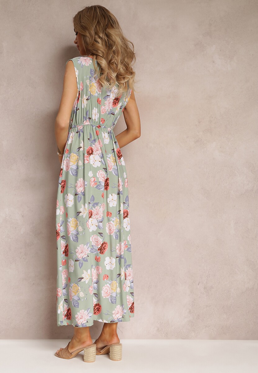 Jasnozielona Sukienka Maxi w Kwiaty z Gumką w Talii Kaleita