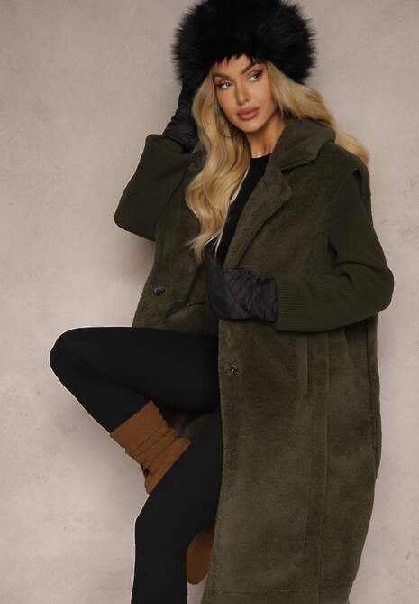 Zielony Płaszcz Futerko z Rękawami z Dzianiny Ravileth