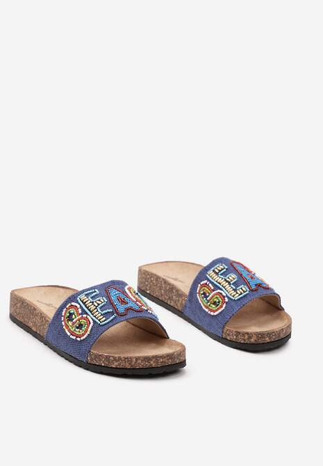Niebieskie Klapki na Płaskiej Korkowej Podeszwie z Ozdobnym Napisem Cedemia