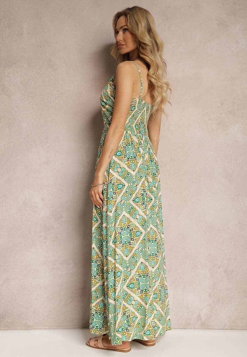 Zielona Sukienka z Wiskozy na Cienkich Regulowanych Ramiączkach z Gumkami w Talii Estilla