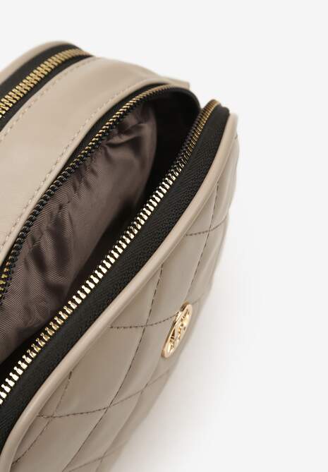 Ciemnobeżowa Owalna Torebka Dwukomorowa na Ramię Ozdobiona Pikowaniem Ulemia