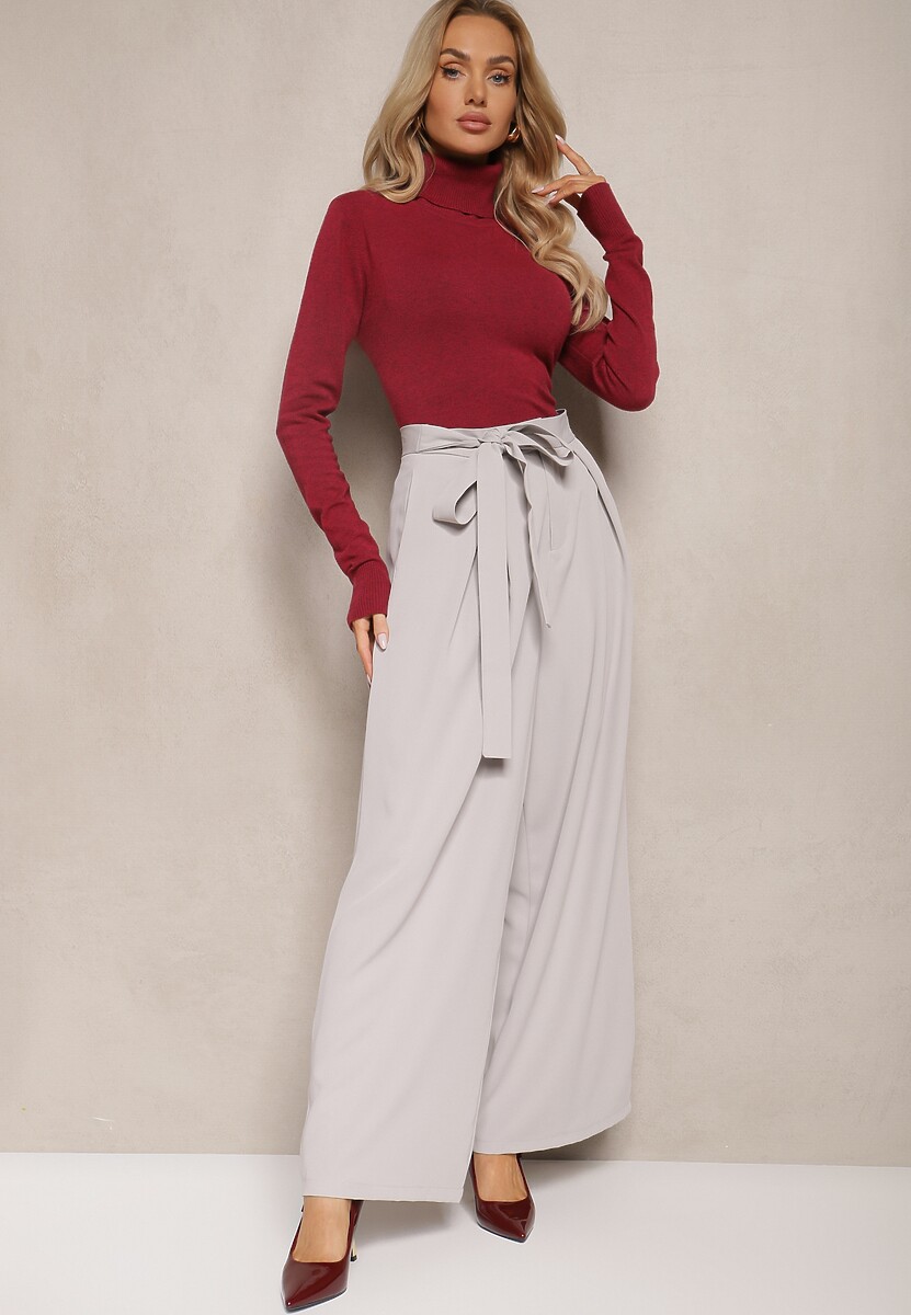 Szare Eleganckie Spodnie w Garniturowym Stylu High Waist Ozdobione Paskiem w Talii Wenelsea