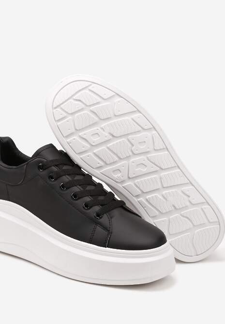 Czarne Sznurowane Sneakersy na Niskiej Platformie z Imitacji Skóry Ajanfa