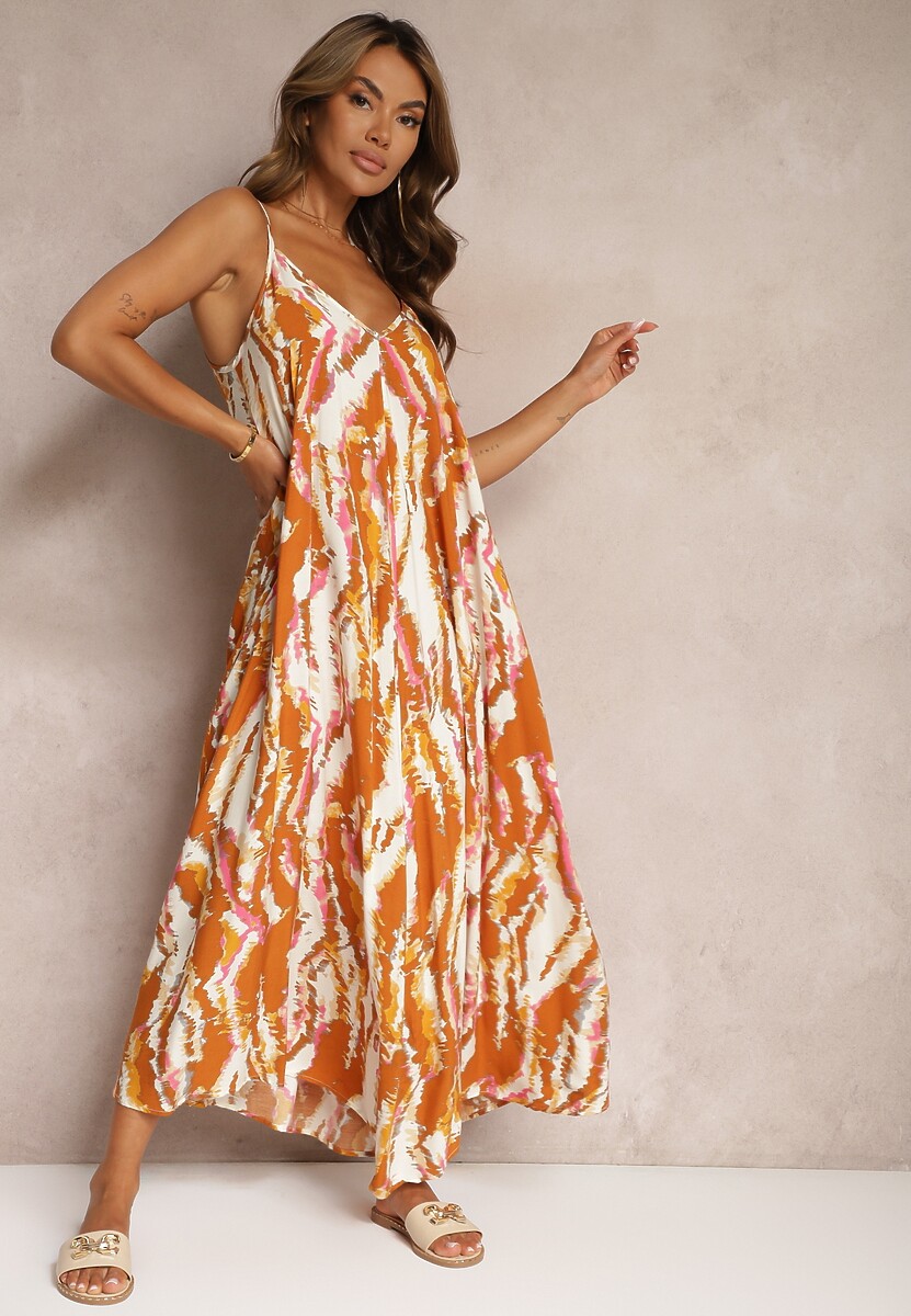 Ciemnoróżowa Wiskozowa Sukienka o Rozkloszowanym Kroju na Ramiączkach Risaletti