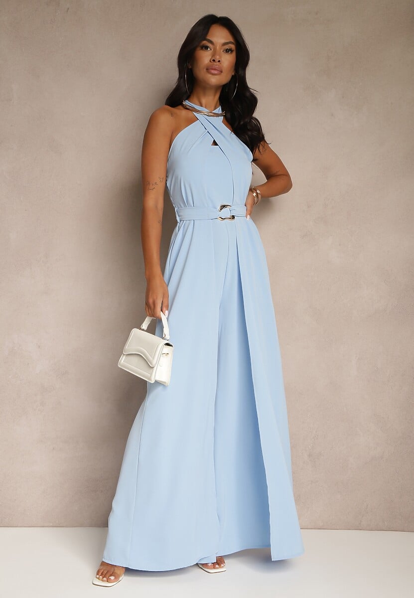 Niebieski Kombinezon Koktajlowy Ozdobiony Paskiem z Metaliczną Klamrą Zermira