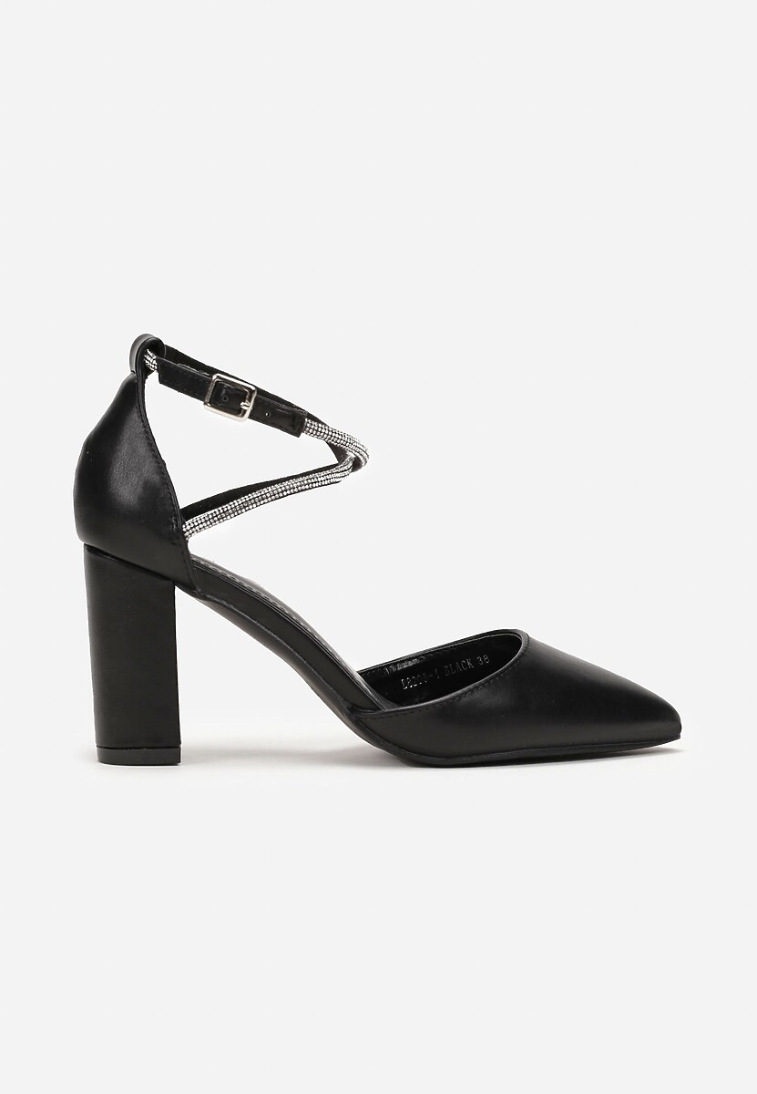 Czarne Czółenka na Słupku ze Szpiczastym Noskiem i Paskiem w Cyrkonie Jiansa