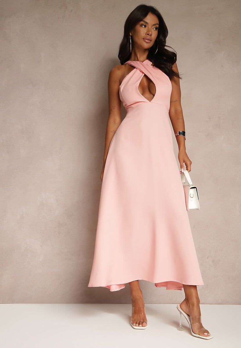 Żółta Koktajlowa Sukienka z Wiskozą i Dekoltem Halter Dolmanna