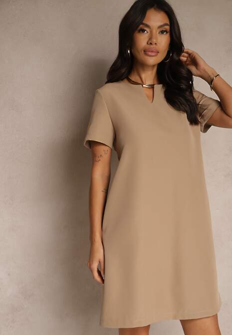 Ciemnobeżowa Trapezowa Sukienka Mini z Krótkim Rękawem i Kieszeniami Vrea