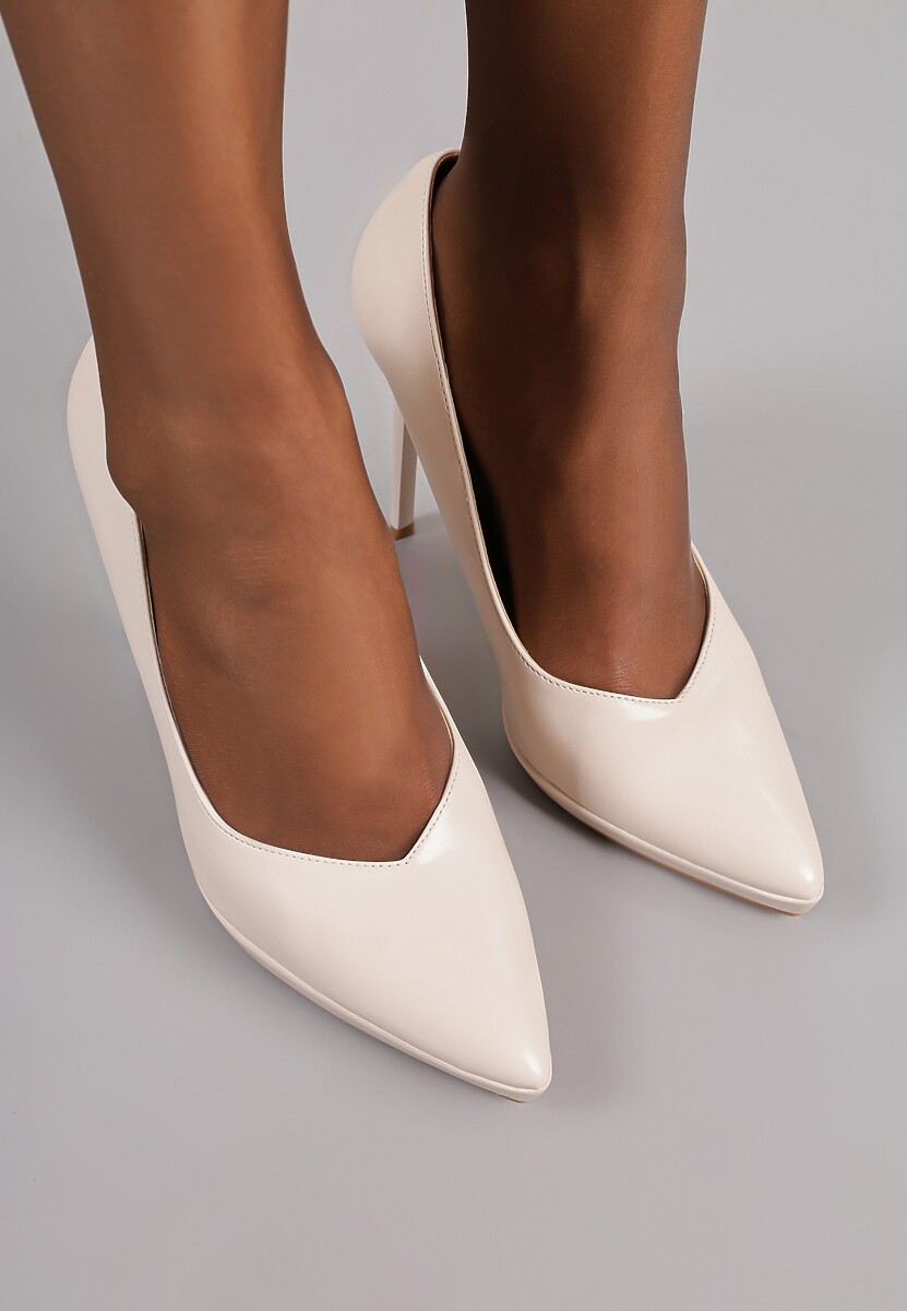 Jasnobeżowe Szpilki Vices na Grubej Podeszwie z Wkładką ze Skóry Naturalnej Ahrrie