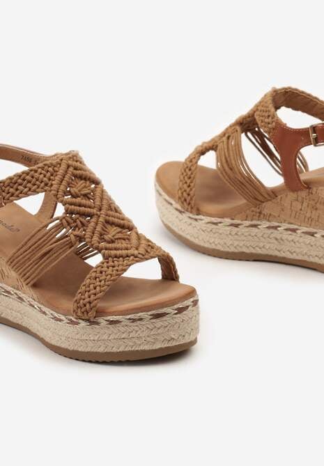 Brązowe Sandały z Korkiem i Plecionką na Koturnie i Splecionymi Paseczkami Larosa