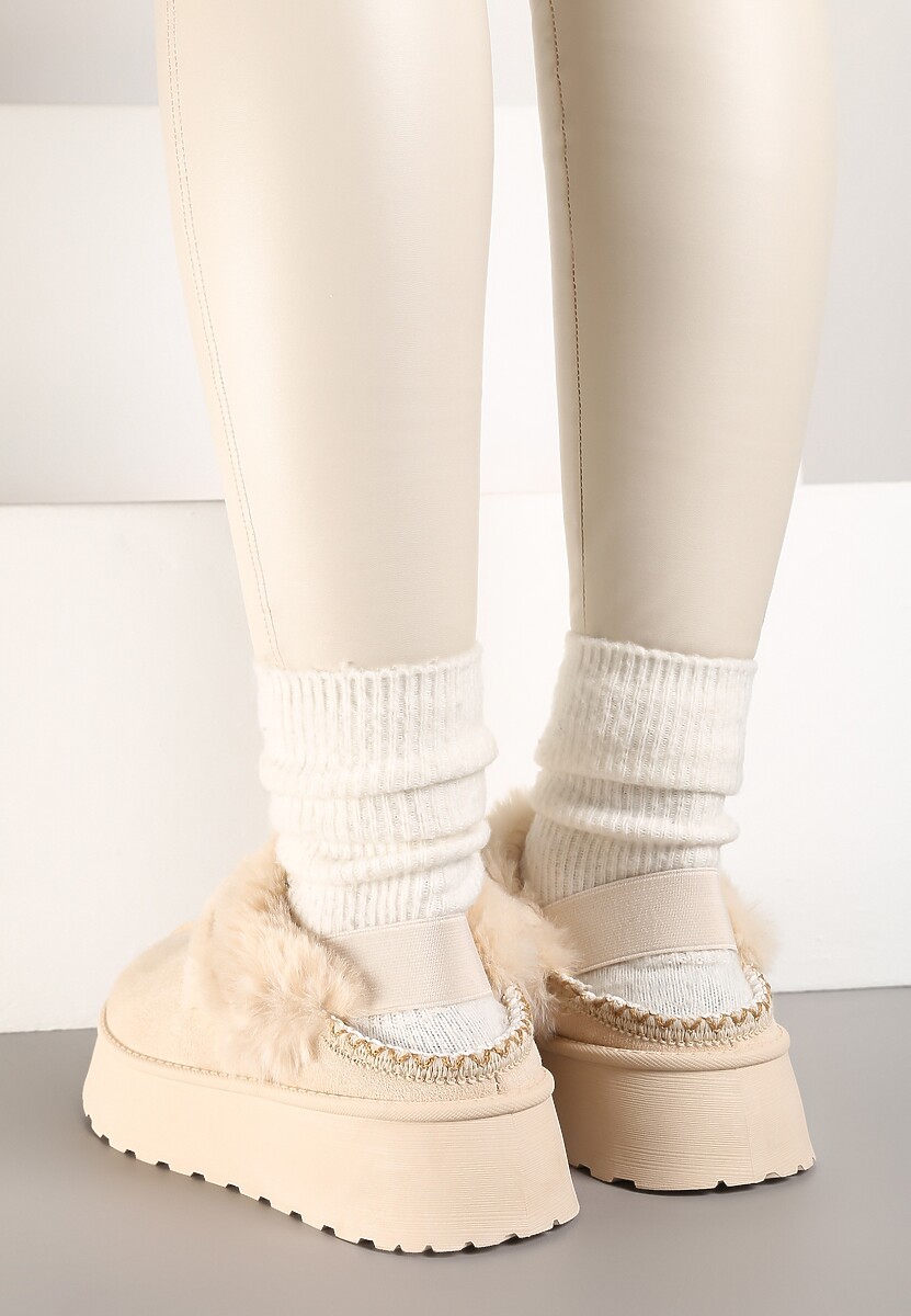 Beżowe Śniegowce na Platformie Ozdobione Futerkiem i Paskiem na Pięcie Inarine