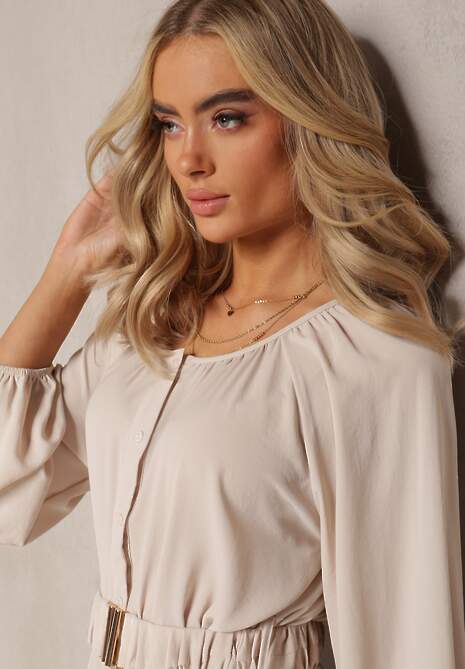 Jasnobeżowa Sukienka Maxi o Swobodnym Kroju z Guzikami i Paskiem z Metaliczną Klamrą Ferian