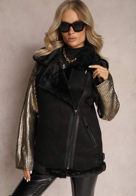 Czarna Kamizelka Bezrękawnik z Asymetrycznym Zapięciem i Futerkiem Sadarra