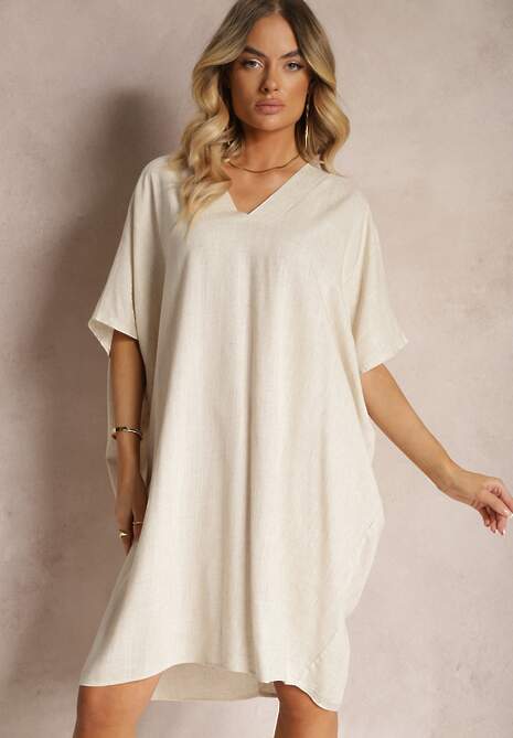 Beżowa Pudełkowa Sukienka z Bawełny z Krótkim Rękawem i Trójkątnym Dekoltem Vikana