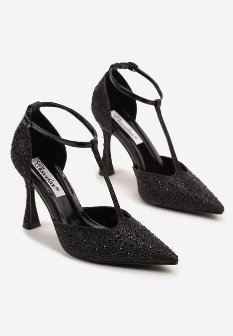 Czarne Cyrkoniowe Sandały na Szpilce ze Szpiczastym Noskiem Ulonella