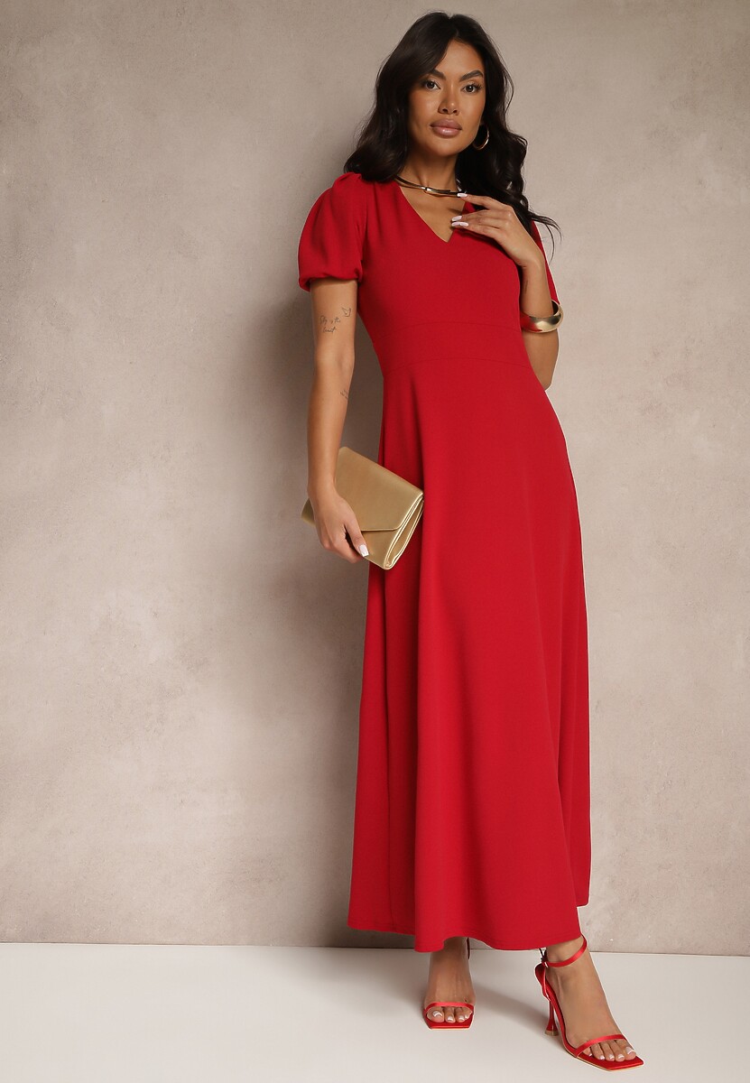 Czerwona Rozkloszowana Sukienka z Lekko Bufiastymi Rękawami i Dekoltem V Efrusae