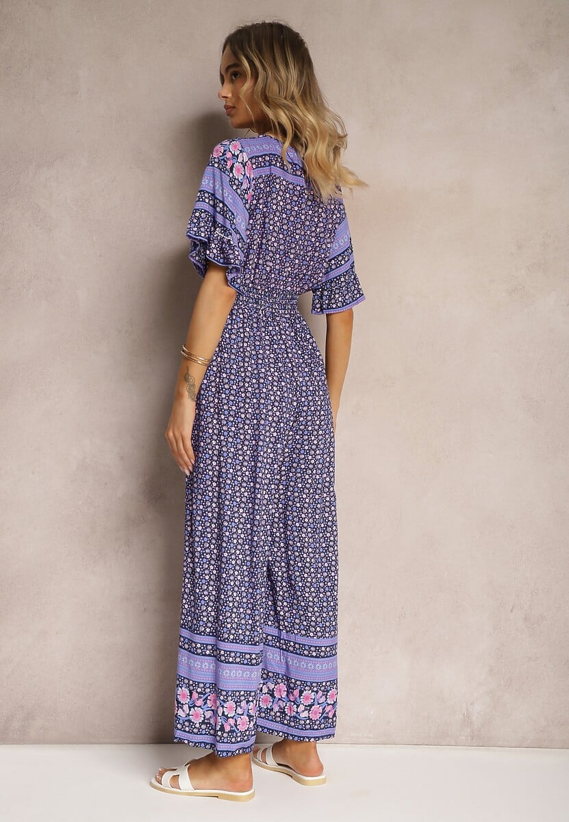 Granatowy Kopertowy Kombinezon Bawełniany z Cienkimi Gumeczkami w Pasie Zapinany na Szyi Orithiama