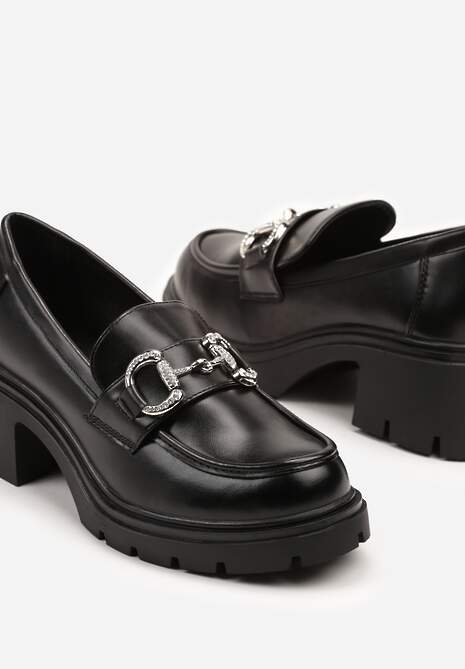 Czarne Półbuty Mokasyny na Słupku Ozdobione Klamrą i Cyrkoniami Lenlisa