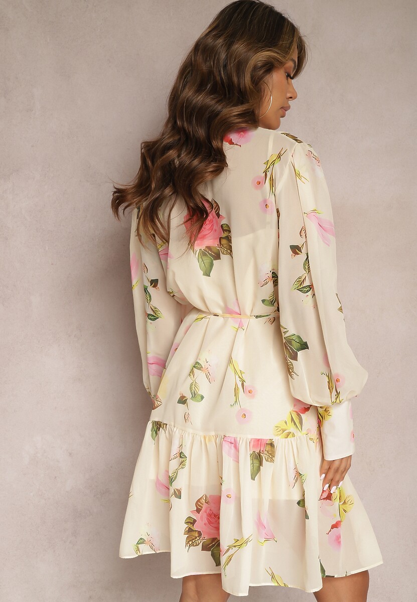 Jasnobeżowa Plisowana Sukienka Midi z Kwiatowym Wzorem z Paskiem i Guzikami Jazai