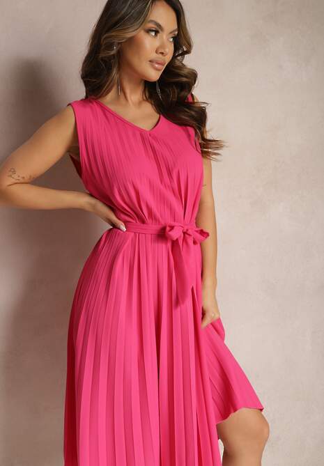 Fuksjowa Plisowana Sukienka Midi z Plisami na Dole i Paskiem w Talii Wrensilva