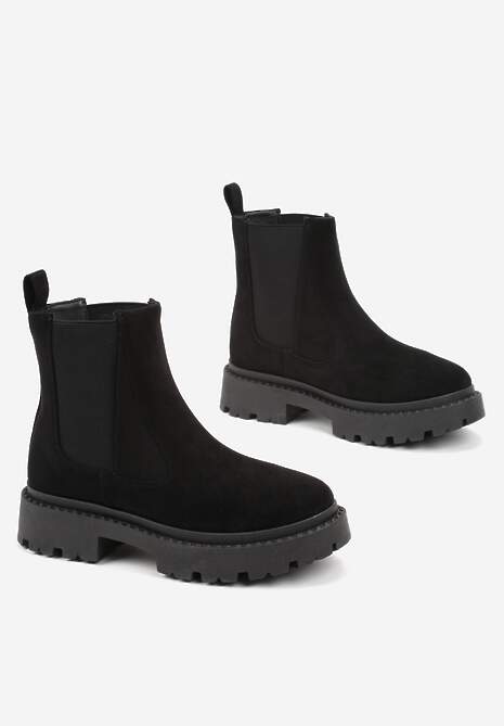 Czarne Botki Sztyblety z Imitacji Zamszu na Grubej Podeszwie Gosoga