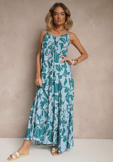 Niebieska Wiskozowa Sukienka o Rozkloszowanym Kroju na Cienkich Ramiączkach Sepalina