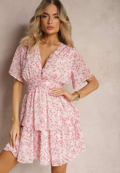 Różowa Sukienka o Rozkloszowanym Kroju z Gumką w Pasie i Marszczeniami Nerva