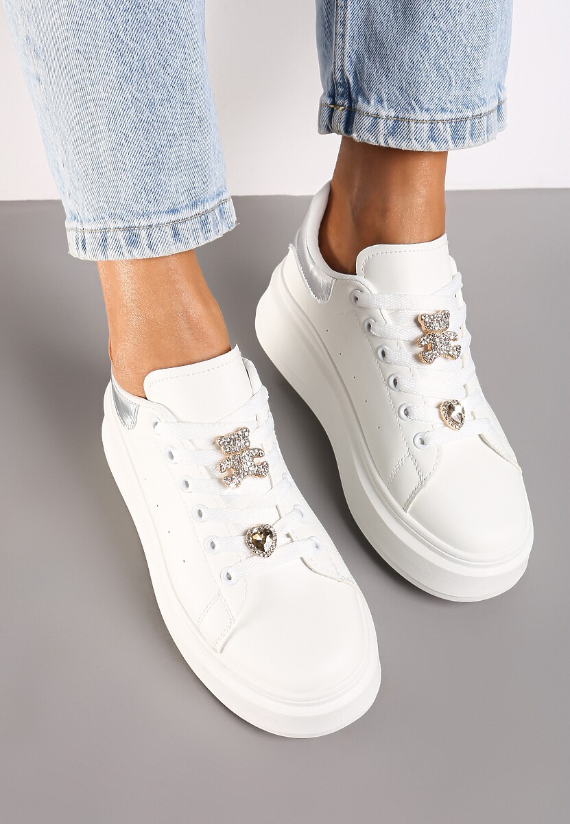 Biało-Srebrne Sneakersy na Grubej Podeszwie ze Złotymi Ozdobami na Sznurówkach i Wstawką na Pięcie Rexisa