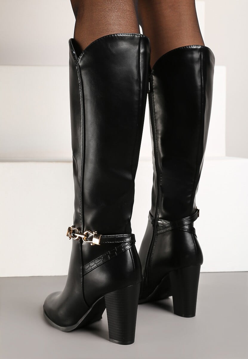 Czarne Kozaki na Słupku Muszkieterki z Klamerką Vortilina