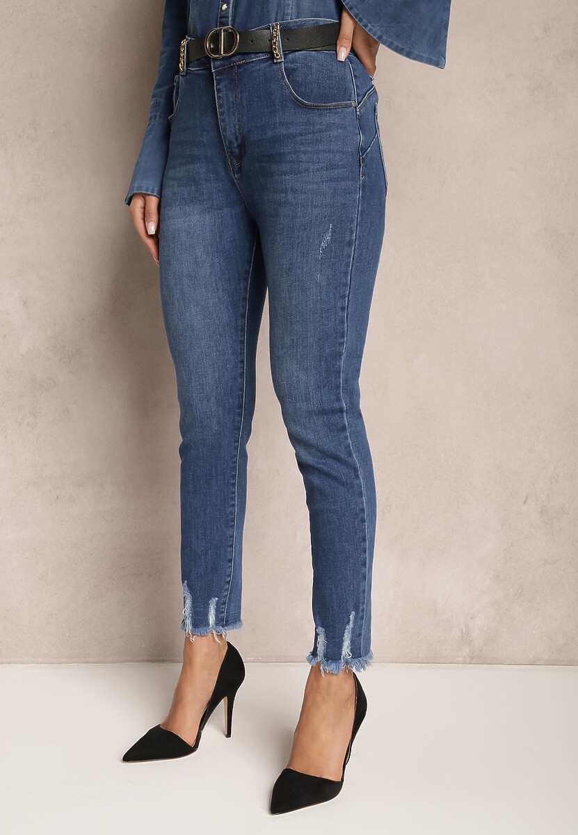 Granatowe Jeansy Skinny z Przedarciami i Łańcuszkami na Szlufkach Reila