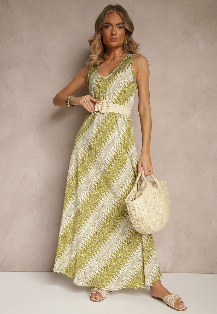 Zielona Rozkloszowana Sukienka z Geometrycznym Wzorem Lumire