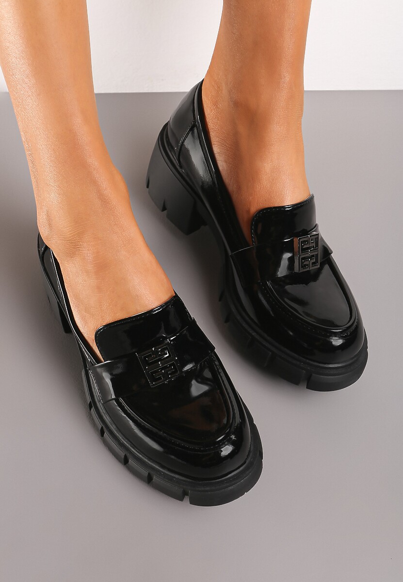Czarne Lakierowane Mokasyny w Stylu Chunky z Geometryczną Klamerką Lusora