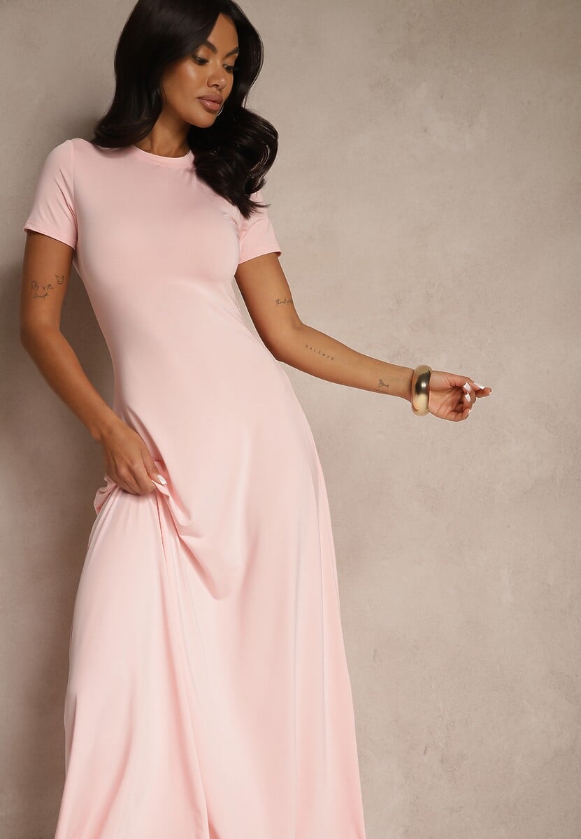 Różowa Taliowana Sukienka z Krótkim Rękawem Liranisea