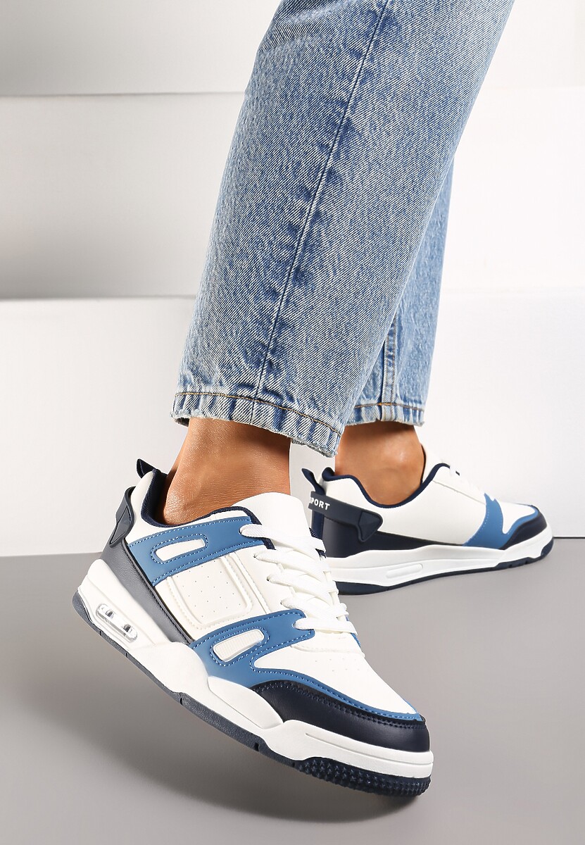 Biało-Granatowe Sznurowane Sneakersy z Licznymi Wstawkami z Ekoskóry Gwendias