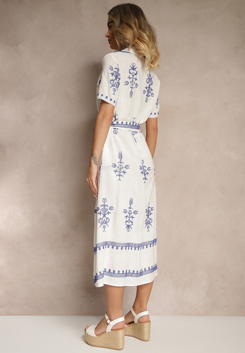 Biała Koszulowa Sukienka z Wiskozy Ozdobiona Paskiem i Haftem Divirea