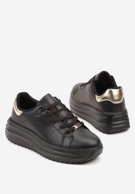 Czarne Sneakersy na Platformie z Tłoczeniem i Perforacją Anirriva