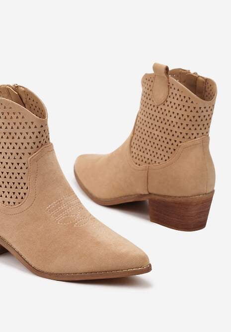 Ciemnobeżowe Botki Kowbojki Vices na Słupku z Ażurową Cholewką Elfedi